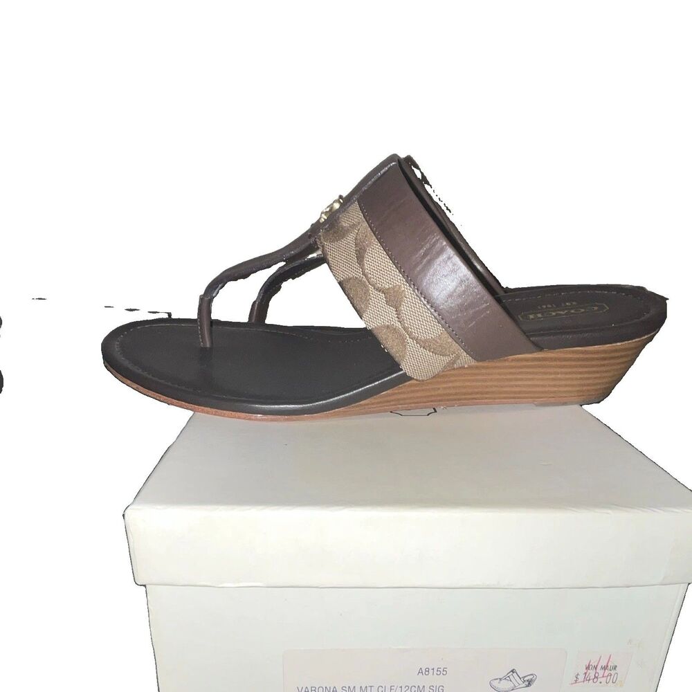 Coach Signature Thong Wedge Sandals Brown/Beige Leather Women's US 11